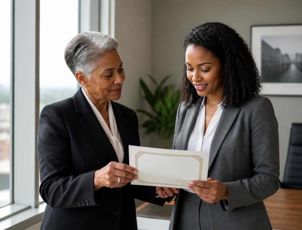 Professional reviewing an education certificate with a colleague